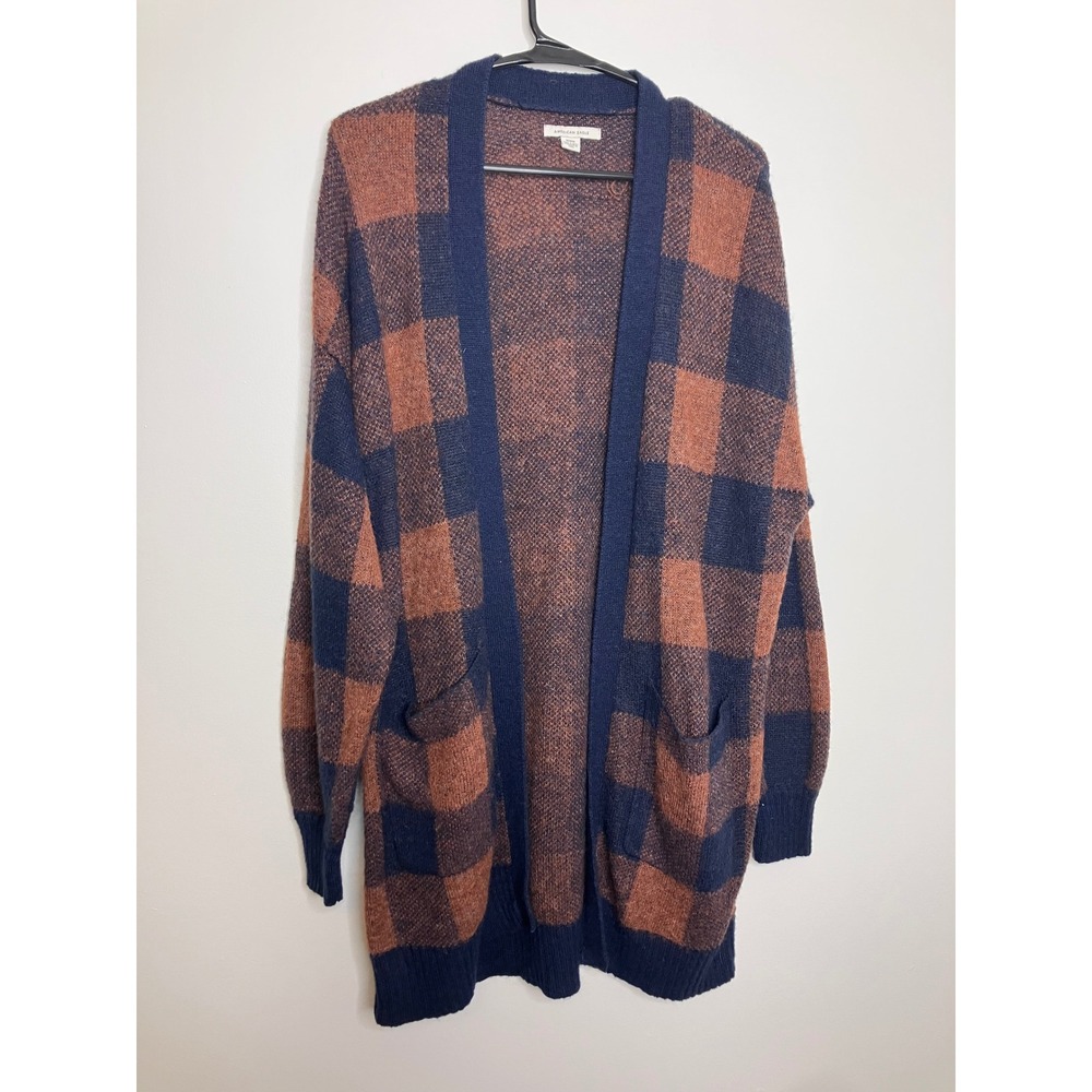 American Eagle Cardigan Women M Blue Orange Excellent Plaid Wool Blend Longline